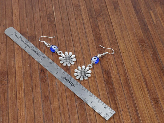 Evil Eye Protection | Cute Silver Daisy Flower | Glass Bead | Earring Dangle Jewelry | Good Luck | Positive Vibes | Positive Vibrations