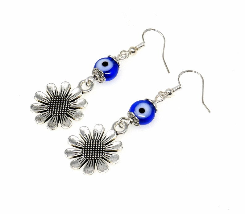 Evil Eye Protection | Cute Silver Daisy Flower | Glass Bead | Earring Dangle Jewelry | Good Luck | Positive Vibes | Positive Vibrations