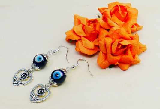 Evil Eye Protection | Cute Silver Rose Flower | Glass Bead | Earring Dangle Jewelry | Good Luck | Positive Vibes | Love