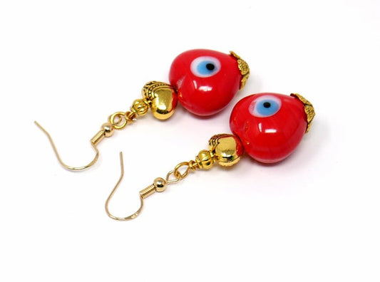 Evil Eye Protection | Heart | Love | Red Glass Bead | Golden Earring Dangle Jewelry | Good Luck | Positive Vibes | Positive Vibrations