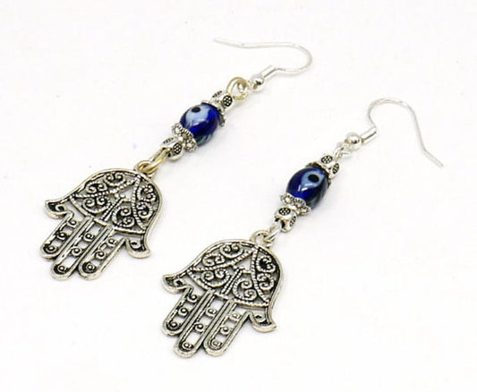 Evil Eye Protection | Hamsa Hand | Hand of Fatima | Glass Bead | Antique Silver Earring Jewelry | Good Luck | Numerology | Positive Vibes