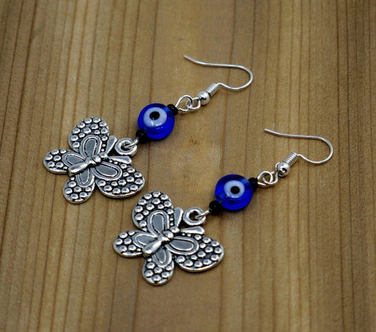 Evil Eye Protection | Butterfly | Glass Bead | Silver Earring Dangle Jewelry | Good Luck | Positive Vibes | Freedom | Transcendence | Grace