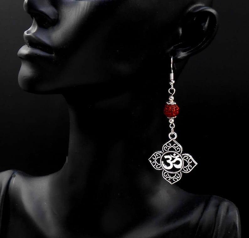 OM | Rudraksha Bead | Silver Earring Dangle Jewelry | Good Luck | Spiritual Power | Good Karma | Positive Vibrations