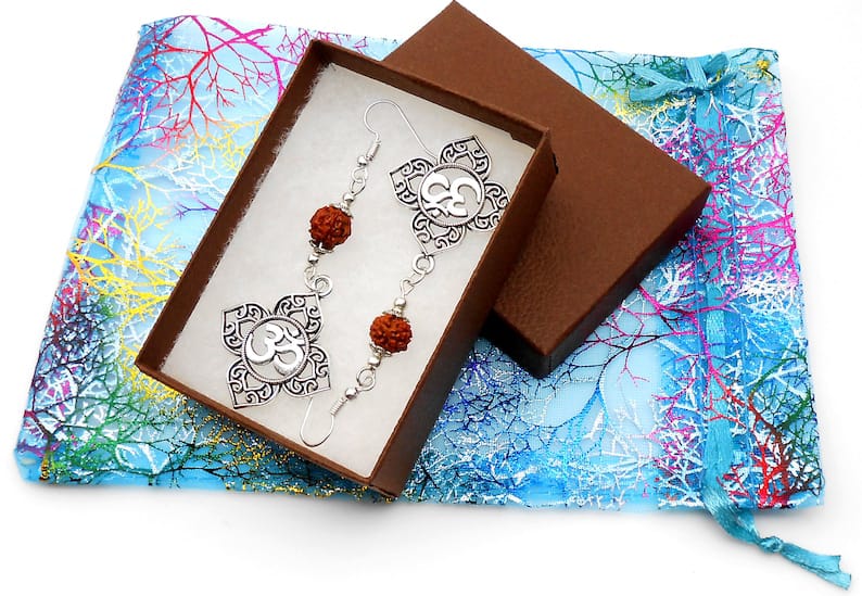 OM | Rudraksha Bead | Silver Earring Dangle Jewelry | Good Luck | Spiritual Power | Good Karma | Positive Vibrations