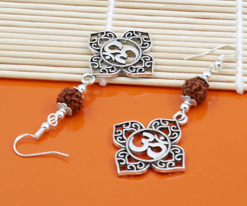 OM | Rudraksha Bead | Silver Earring Dangle Jewelry | Good Luck | Spiritual Power | Good Karma | Positive Vibrations