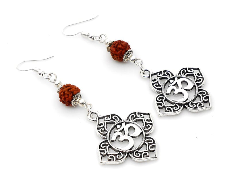 OM | Rudraksha Bead | Silver Earring Dangle Jewelry | Good Luck | Spiritual Power | Good Karma | Positive Vibrations