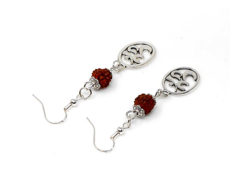 OM | Rudraksha Bead | Silver Earring Dangle Jewelry | Good Luck | Spiritual Power | Good Karma | Positive Vibrations