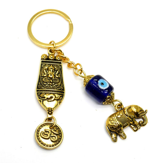 Evil Eye Protection Ganesha & OM with Lucky Elephant Charm Key Ring for Happiness, Good Fortune/Luck,Prosperity,Success, Positive Vibrations