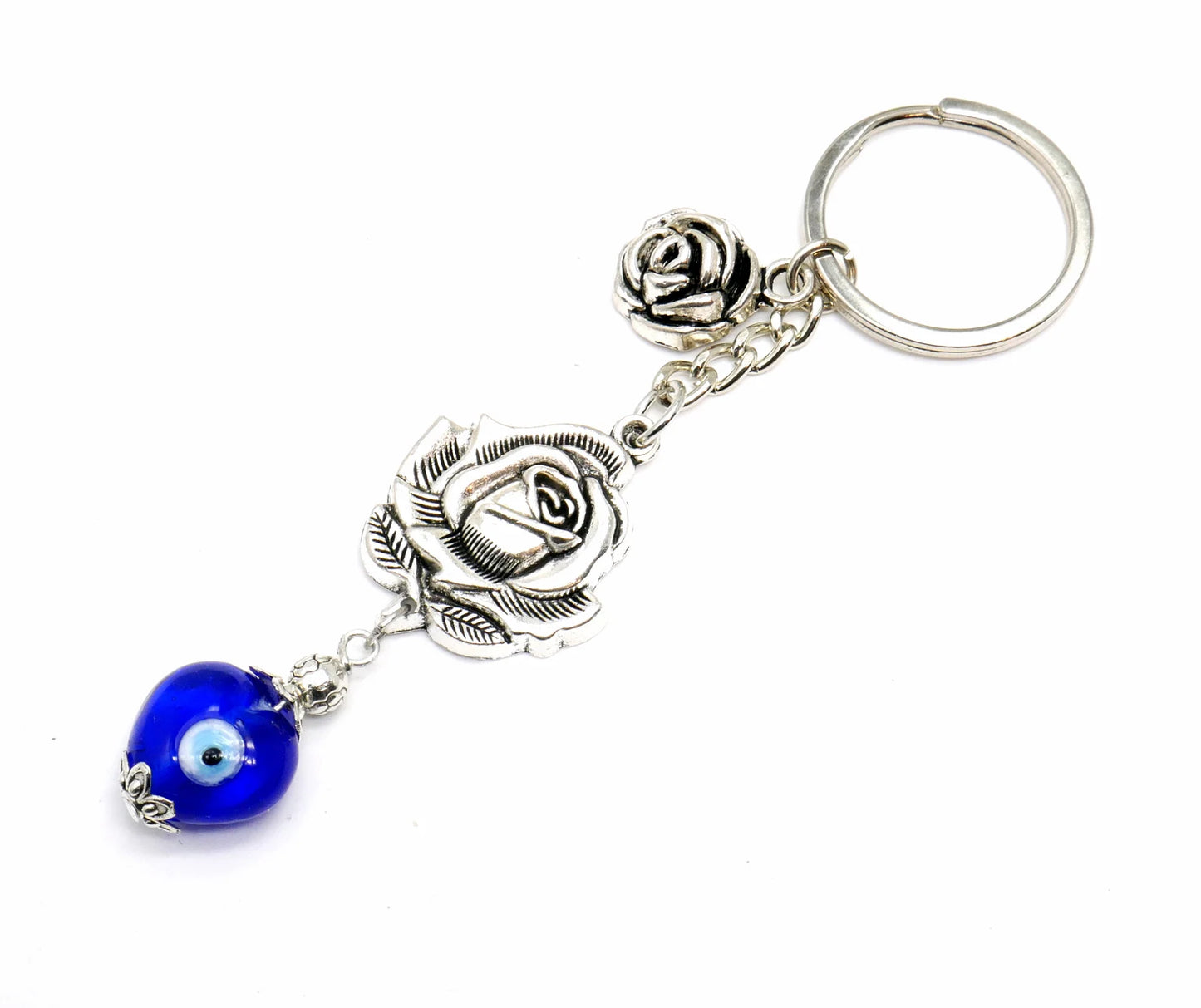 Evil Eye, Evil Eye Protection, Unique Rose Flower with Blue Heart Bead Key Chain/Key Ring/Handbag, New Driver/Birthday Gift for Her / Him