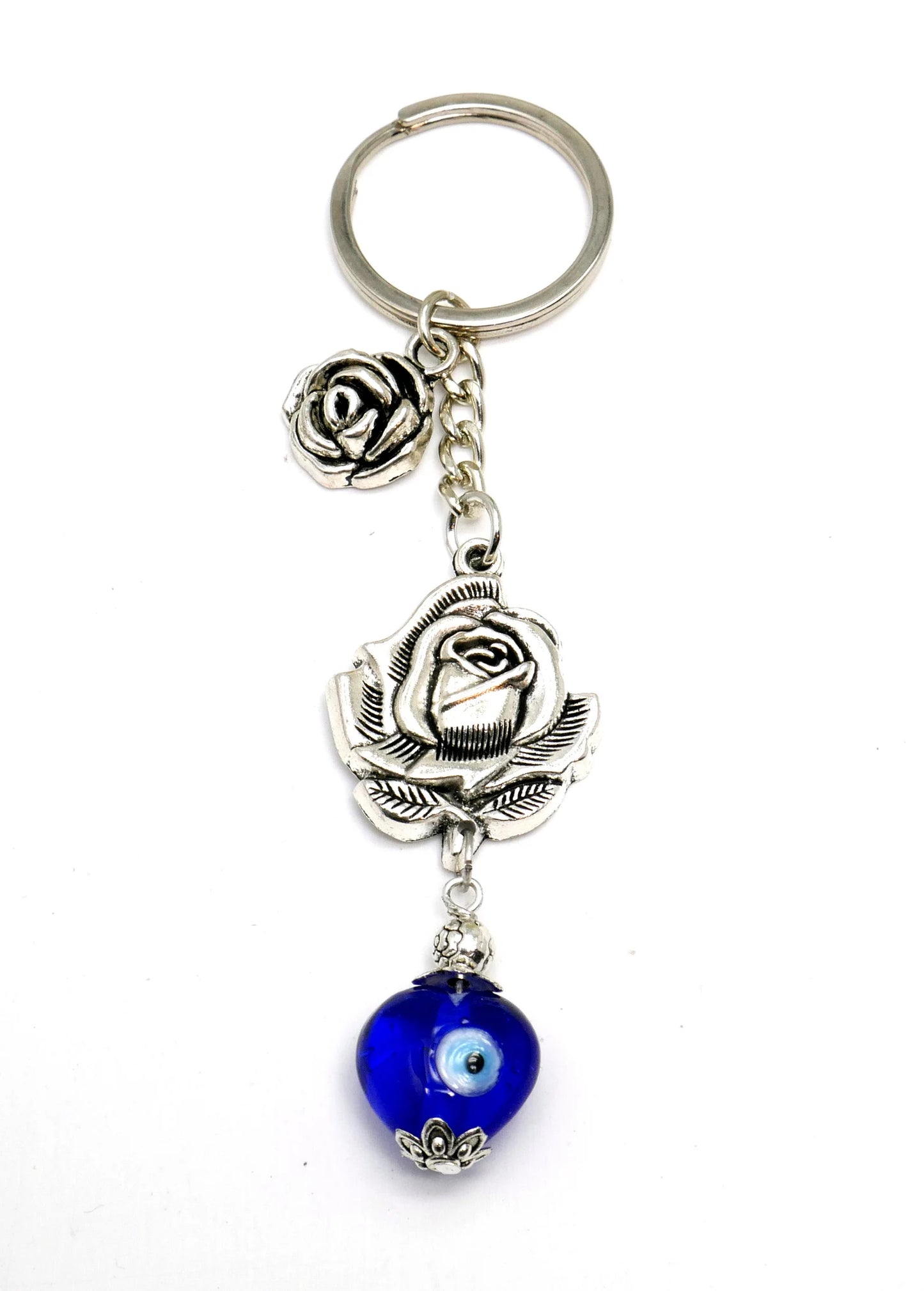 Evil Eye, Evil Eye Protection, Unique Rose Flower with Blue Heart Bead Key Chain/Key Ring/Handbag, New Driver/Birthday Gift for Her / Him