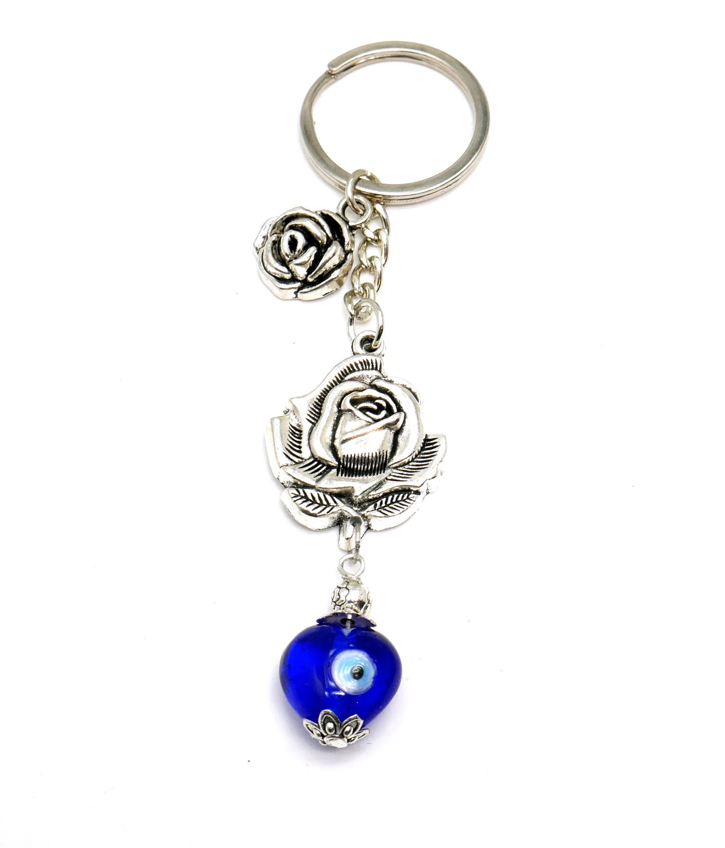 Evil Eye, Evil Eye Protection, Unique Rose Flower with Blue Heart Bead Key Chain/Key Ring/Handbag, New Driver/Birthday Gift for Her / Him