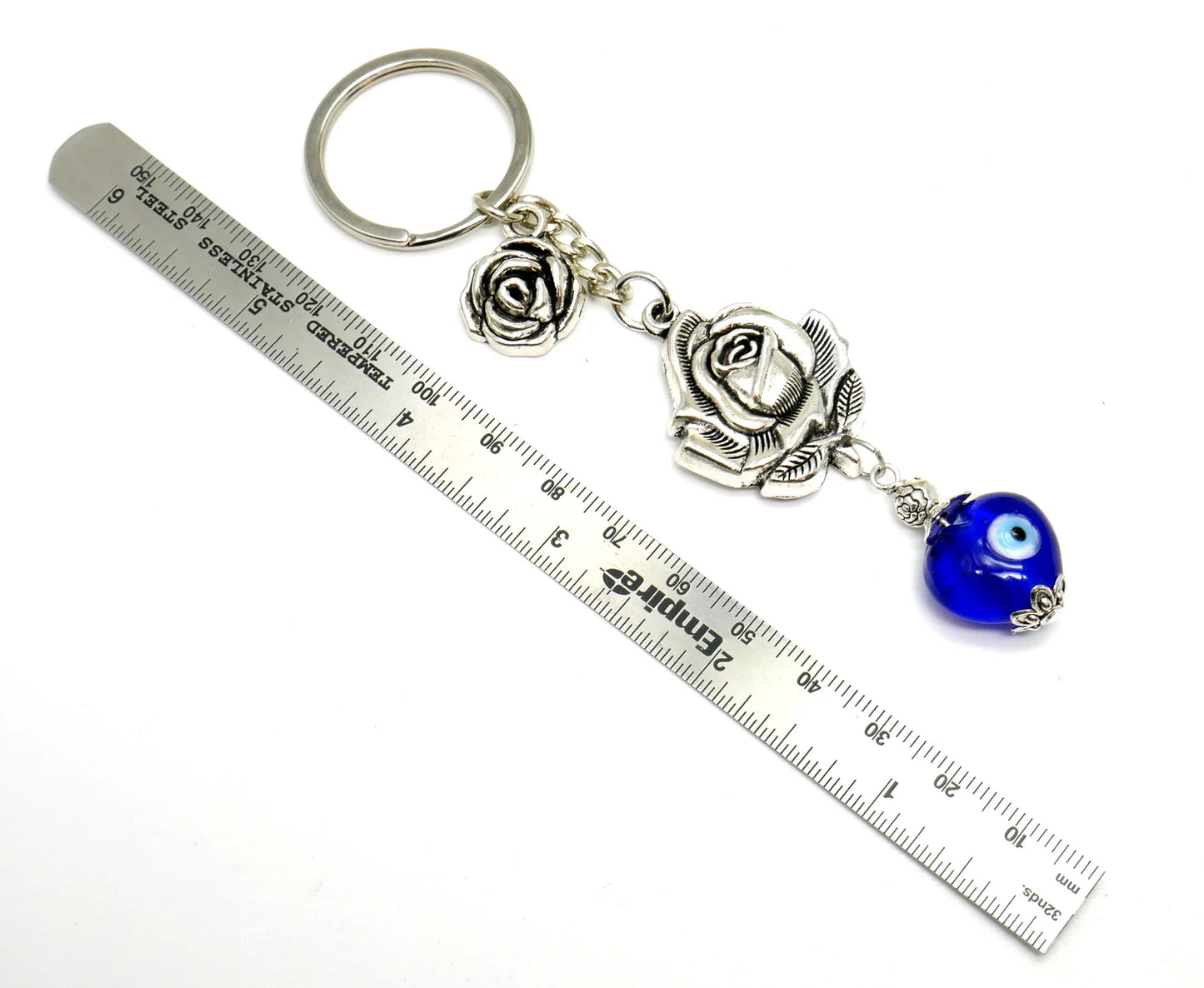 Evil Eye, Evil Eye Protection, Unique Rose Flower with Blue Heart Bead Key Chain/Key Ring/Handbag, New Driver/Birthday Gift for Her / Him
