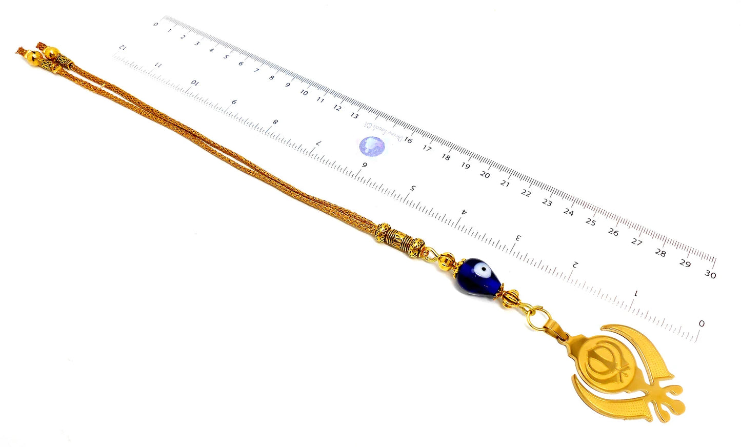 Golden Khanda Car Hanging Ornament, Sikh Evil Eye Protection, Rearview Mirror Charm, Spiritual Vastu Amulet, Gold Plated Religious Decor