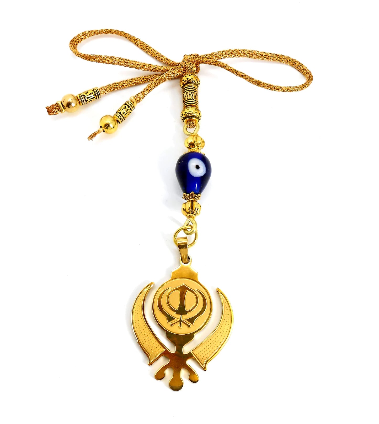 Golden Khanda Car Hanging Ornament, Sikh Evil Eye Protection, Rearview Mirror Charm, Spiritual Vastu Amulet, Gold Plated Religious Decor