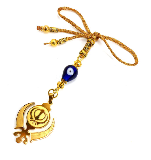 Golden Khanda Car Hanging Ornament, Sikh Evil Eye Protection, Rearview Mirror Charm, Spiritual Vastu Amulet, Gold Plated Religious Decor