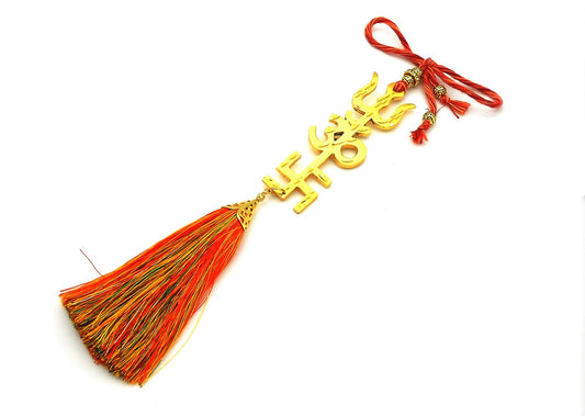 Trishakti Yantra | Trishul | OM | Swastik | Golden | Car Mirror Ornament | Good Luck | Positive Vibrations | Success | Prosperity