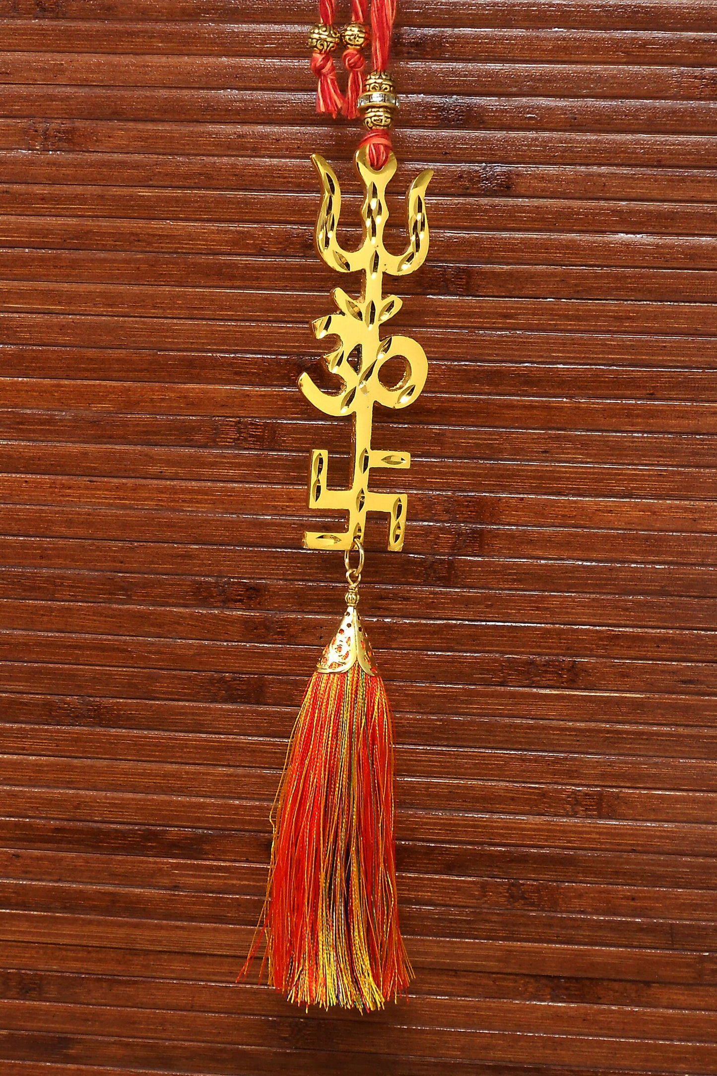 Trishakti Yantra | Trishul | OM | Swastik | Golden | Car Mirror Ornament | Good Luck | Positive Vibrations | Success | Prosperity