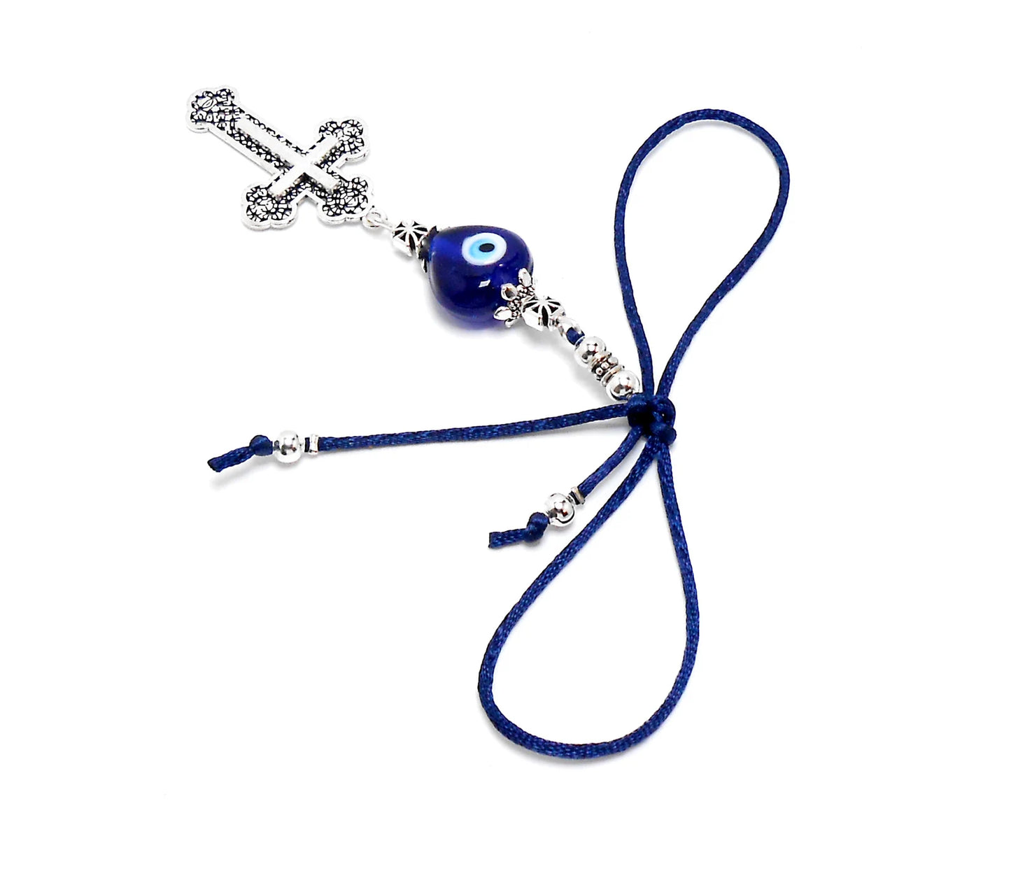 Holy Cross Pendant | Blue Glass Beads | Evil Eye Protection | Antique Gold Plated | Car Rearview Mirror Ornament | Blessings | Faith | Hope