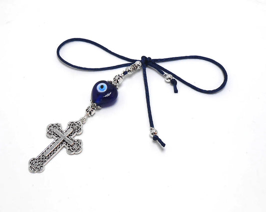 Holy Cross Pendant | Blue Glass Beads | Evil Eye Protection | Antique Gold Plated | Car Rearview Mirror Ornament | Blessings | Faith | Hope
