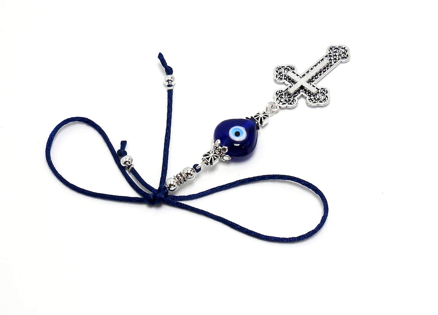 Holy Cross Pendant | Blue Glass Beads | Evil Eye Protection | Antique Gold Plated | Car Rearview Mirror Ornament | Blessings | Faith | Hope