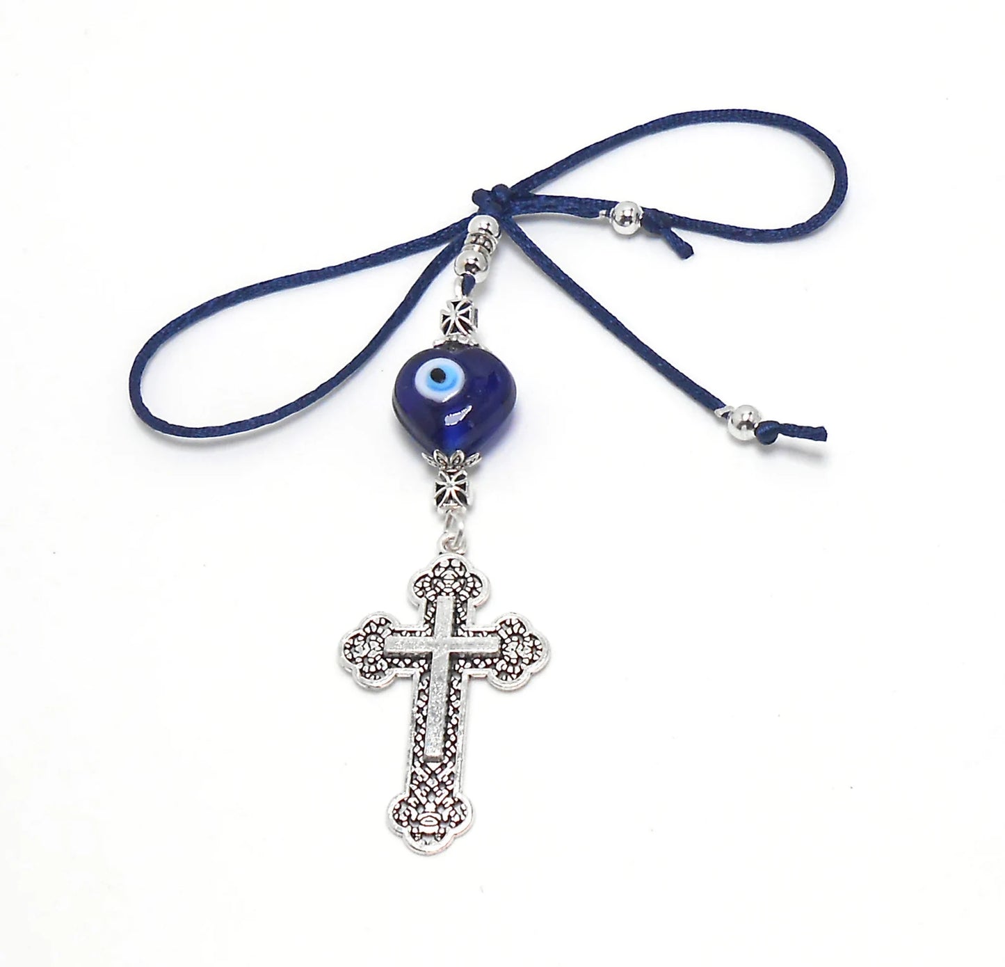 Holy Cross Pendant | Blue Glass Beads | Evil Eye Protection | Antique Gold Plated | Car Rearview Mirror Ornament | Blessings | Faith | Hope