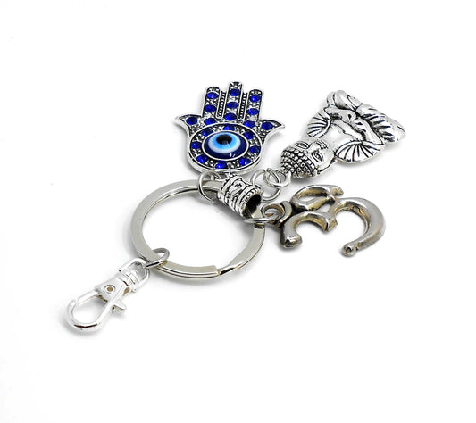 Hamsa Hand OM & Buddha Evil Eye Protection/Good Luck Key Ring for Home /Office/Pooja Room/Business/Car, Hamsa Evil Eye Protection Accessory