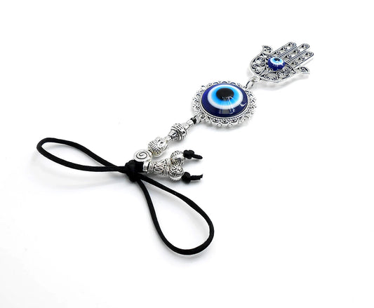 Evil Eye Protection | Hamsa Hand | Antique Silver Plated | Glass Bead | Car Rearview Mirror Ornament |Good Luck |Numerology |Positive Vibes