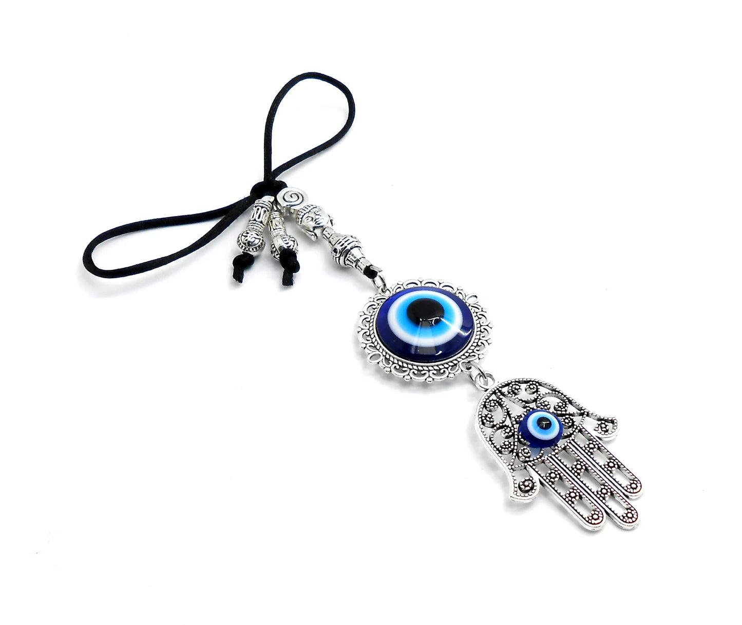 Evil Eye Protection | Hamsa Hand | Antique Silver Plated | Glass Bead | Car Rearview Mirror Ornament |Good Luck |Numerology |Positive Vibes