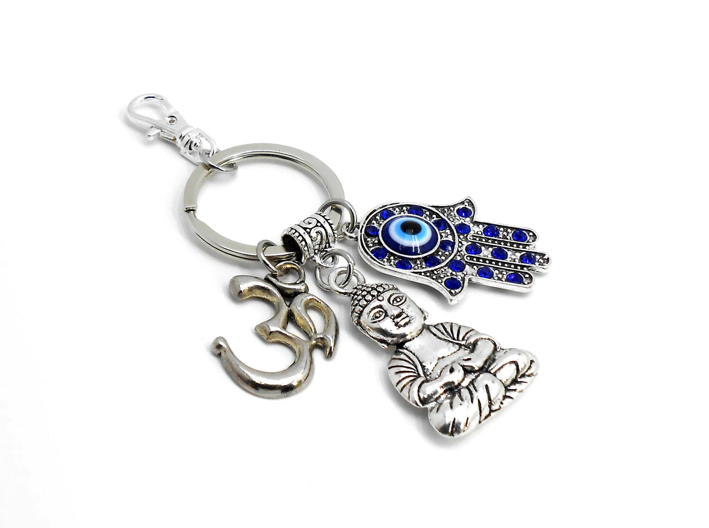 Hamsa Hand OM & Buddha Evil Eye Protection/Good Luck Key Ring for Home /Office/Pooja Room/Business/Car, Hamsa Evil Eye Protection Accessory