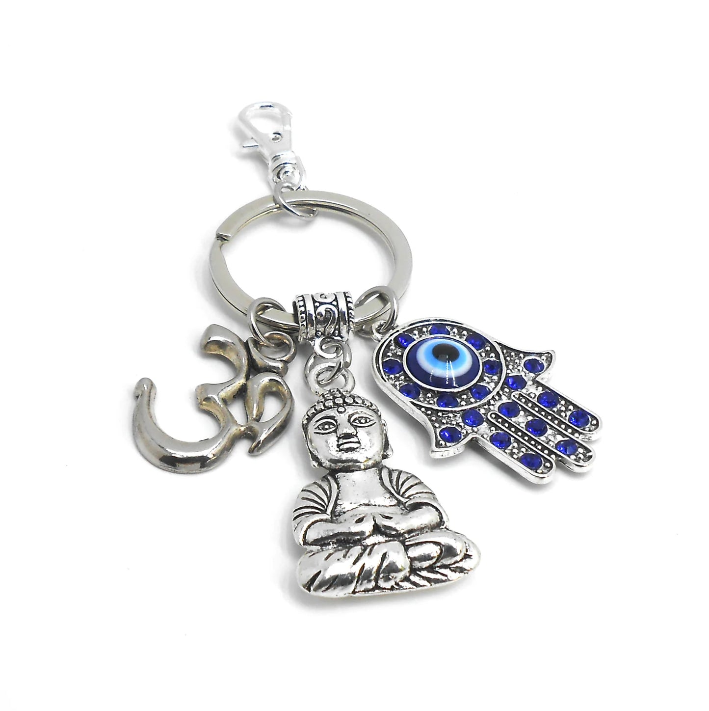Hamsa Hand OM & Buddha Evil Eye Protection/Good Luck Key Ring for Home /Office/Pooja Room/Business/Car, Hamsa Evil Eye Protection Accessory
