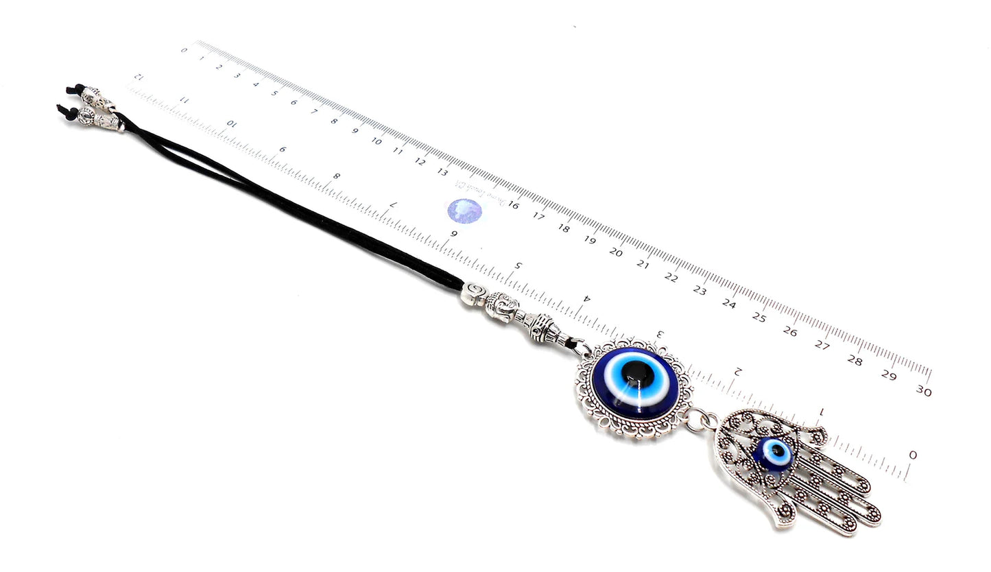 Evil Eye Protection | Hamsa Hand | Antique Silver Plated | Glass Bead | Car Rearview Mirror Ornament |Good Luck |Numerology |Positive Vibes