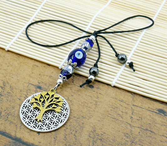 Evil Eye, Evil Eye Protection, Flower of Life & Tree Of Life Car Rear view Mirror Dangler Ornament, Gift For New Driver, Handbag Decoration