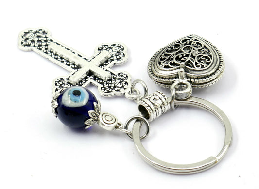 Cross Key Chain | Holy Cross Pendant | Blue Glass Beads | Evil Eye Protection | Cross Key Ring for Protecion | Blessings | Faith | Hope