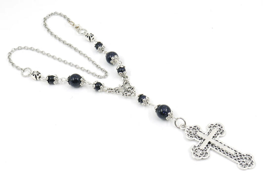Holy Cross Pendant | Natural Stone Beads | Antique Silver Plated | Car Rearview Mirror Ornament | Blessings | Faith | Hope