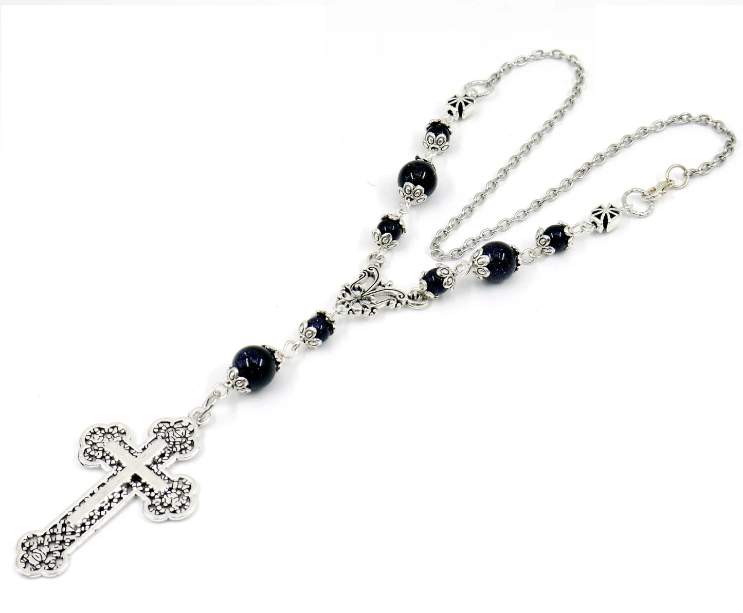 Holy Cross Pendant | Natural Stone Beads | Antique Silver Plated | Car Rearview Mirror Ornament | Blessings | Faith | Hope