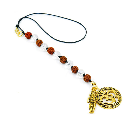 OM | Ganesha | Rudraksha | Quartz Crystal 11 Beads Hanging l Stone | Car Rearview Mirror Ornament | Good Luck | Positive Vibes | Good Karma
