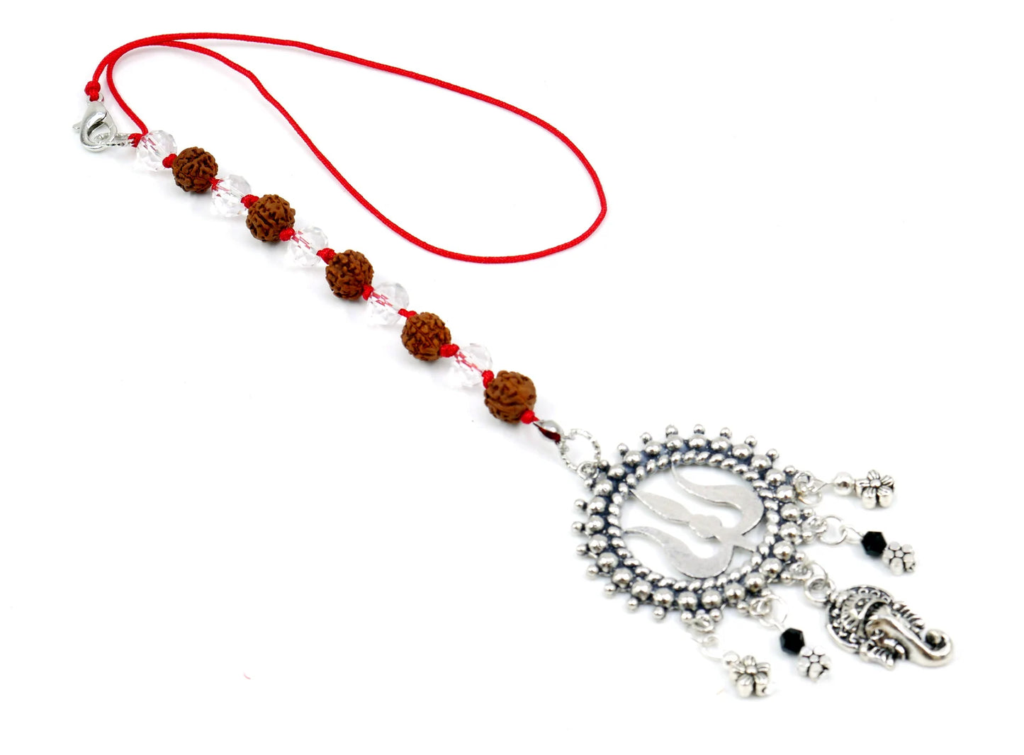 Lord Ganesha & Shiva Trishul Pendant Knotted Rudraksha Clear Crystal Hanging | Car Rearview Mirror Ornament | Good Luck | Positive Vibes