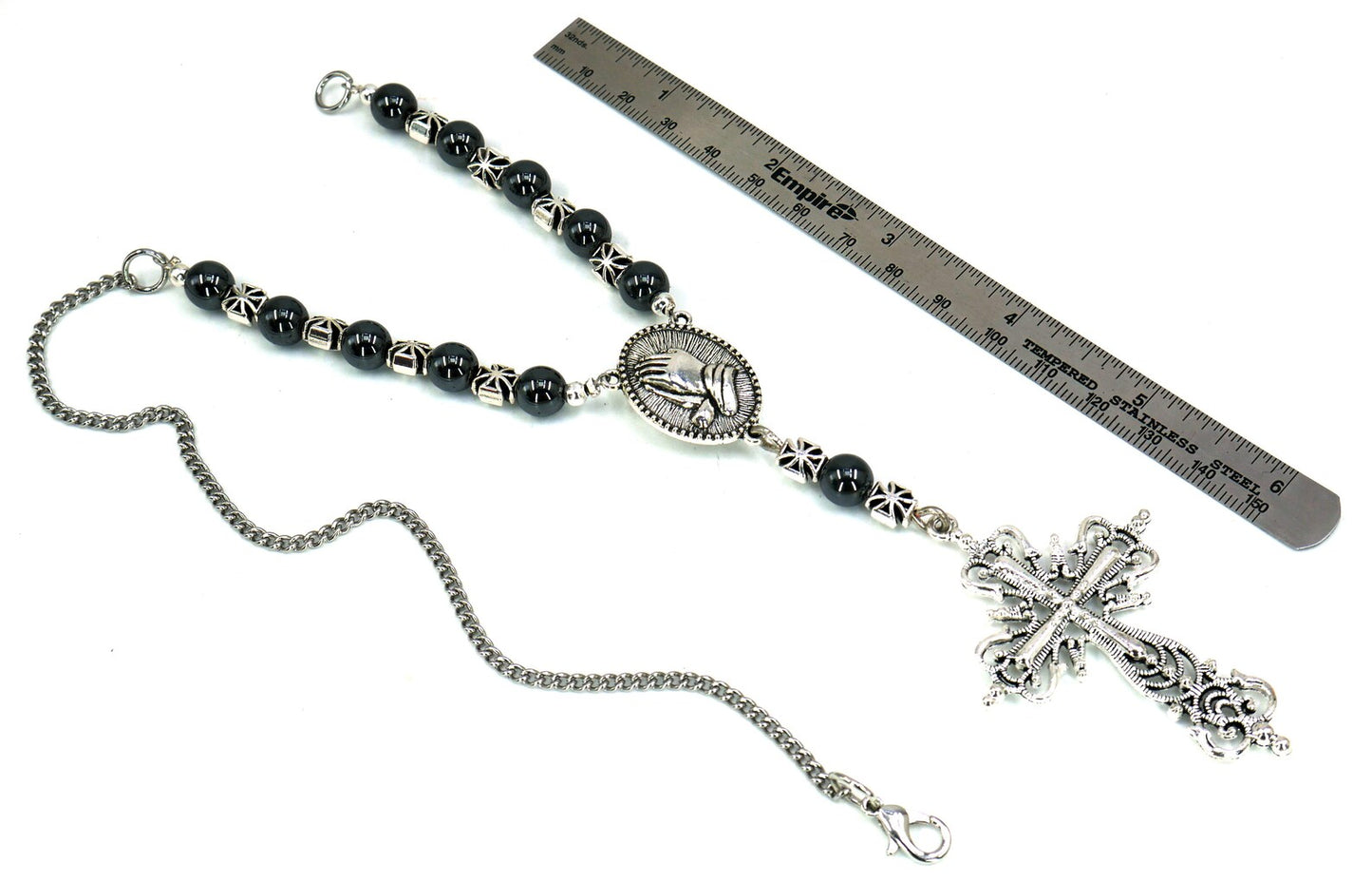 Holy Cross Pendant | Hematite Beads | Evil Eye Protection | Antique Silver Plated | Car Rearview Mirror Ornament | Blessings | Faith | Hope