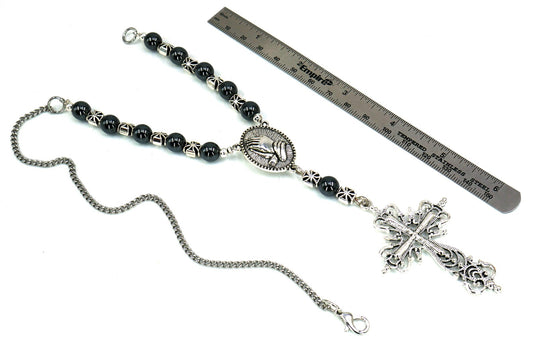 Holy Cross Pendant | Hematite Beads | Evil Eye Protection | Antique Silver Plated | Car Rearview Mirror Ornament | Blessings | Faith | Hope