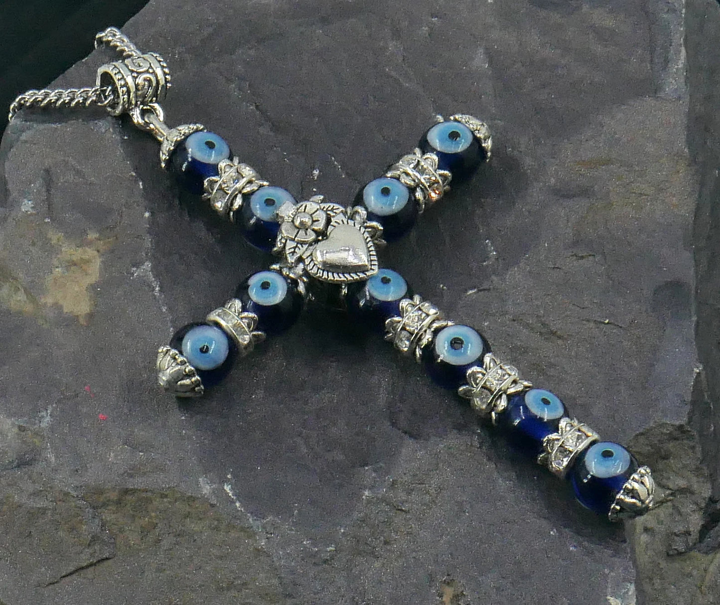 Holy Cross Pendant | Blue Glass Beads | Evil Eye Protection | Car Rearview Mirror Ornament | Blessings | Hope Faith Believe Protection |