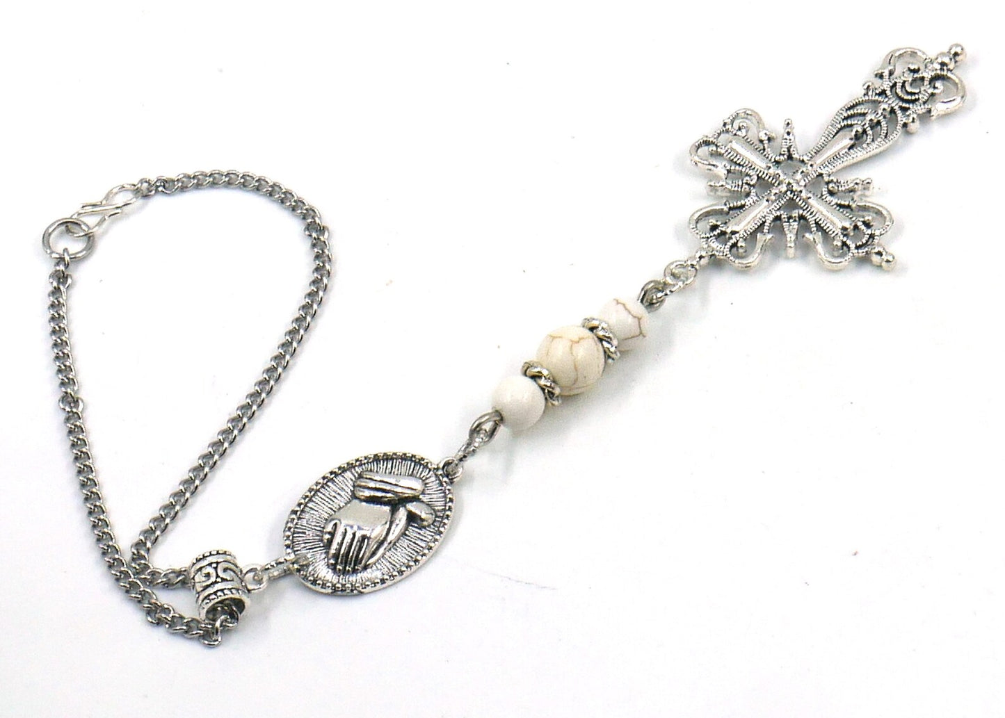 Holy Cross Pendant | Natural Howlite Healing Stone Beads Cross | Silver Plated | Car Rearview Mirror Ornament | Blessings & Peace | Faith