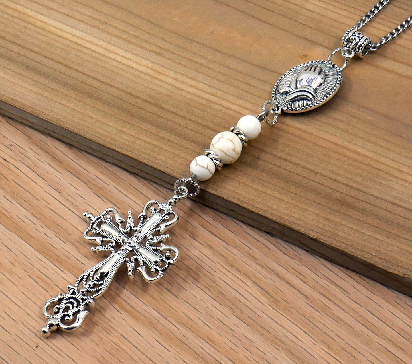 Holy Cross Pendant | Natural Howlite Healing Stone Beads Cross | Silver Plated | Car Rearview Mirror Ornament | Blessings & Peace | Faith