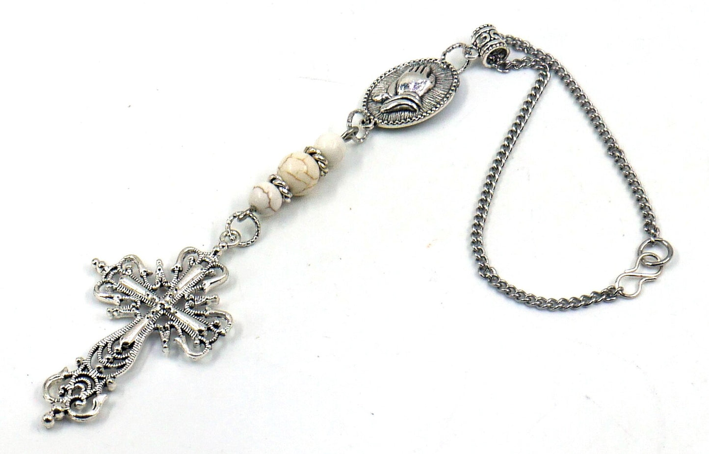 Holy Cross Pendant | Natural Howlite Healing Stone Beads Cross | Silver Plated | Car Rearview Mirror Ornament | Blessings & Peace | Faith