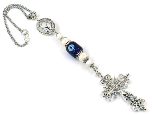 Holy Cross Pendant | Natural Howlite Healing Stone Beads Cross | Silver Plated | Car Rearview Mirror Ornament | Blessings & Peace | Faith