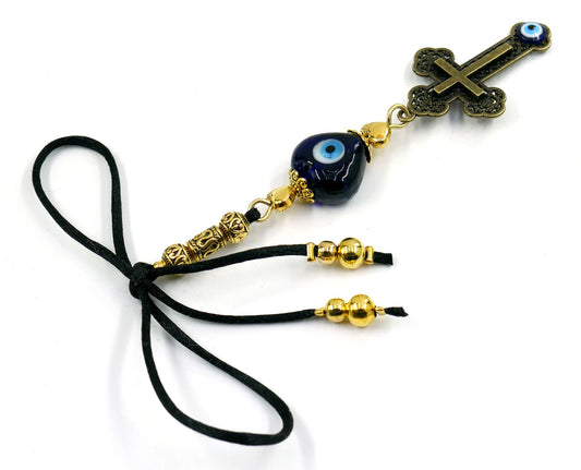 Holy Cross Pendant | Blue Glass Beads | Evil Eye Protection | Antique Gold Plated | Car Rearview Mirror Ornament | Blessings | Faith | Hope