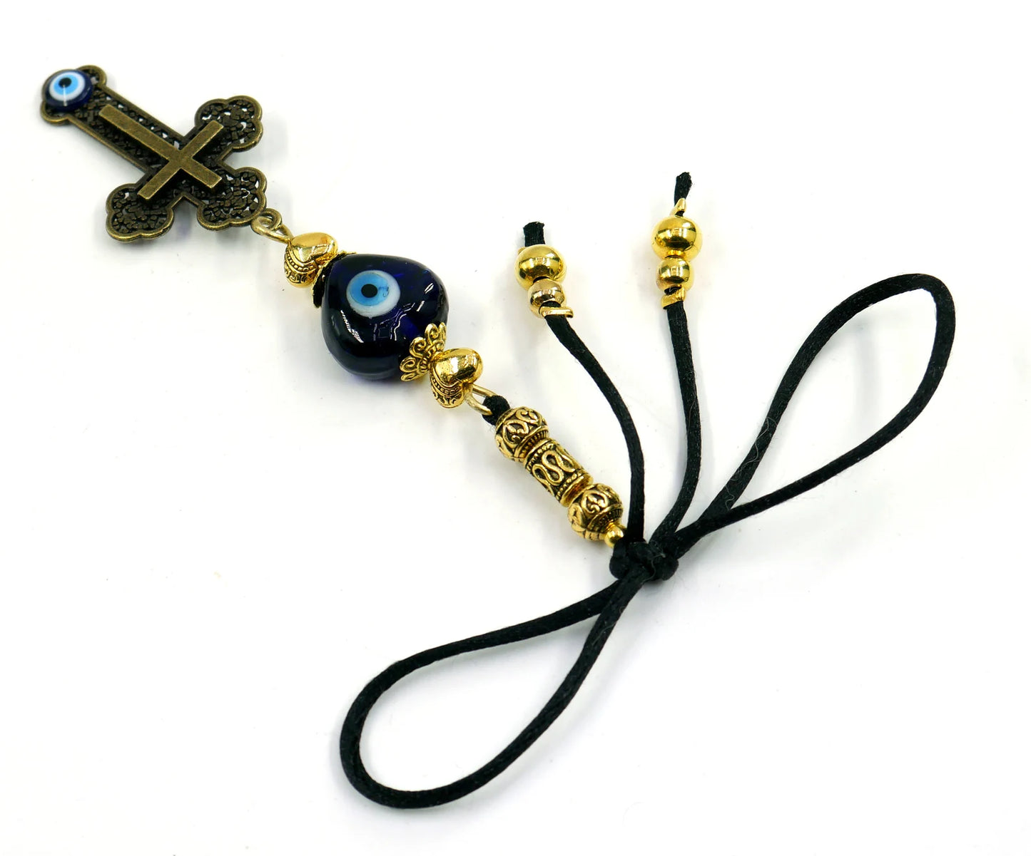 Holy Cross Pendant | Blue Glass Beads | Evil Eye Protection | Antique Gold Plated | Car Rearview Mirror Ornament | Blessings | Faith | Hope