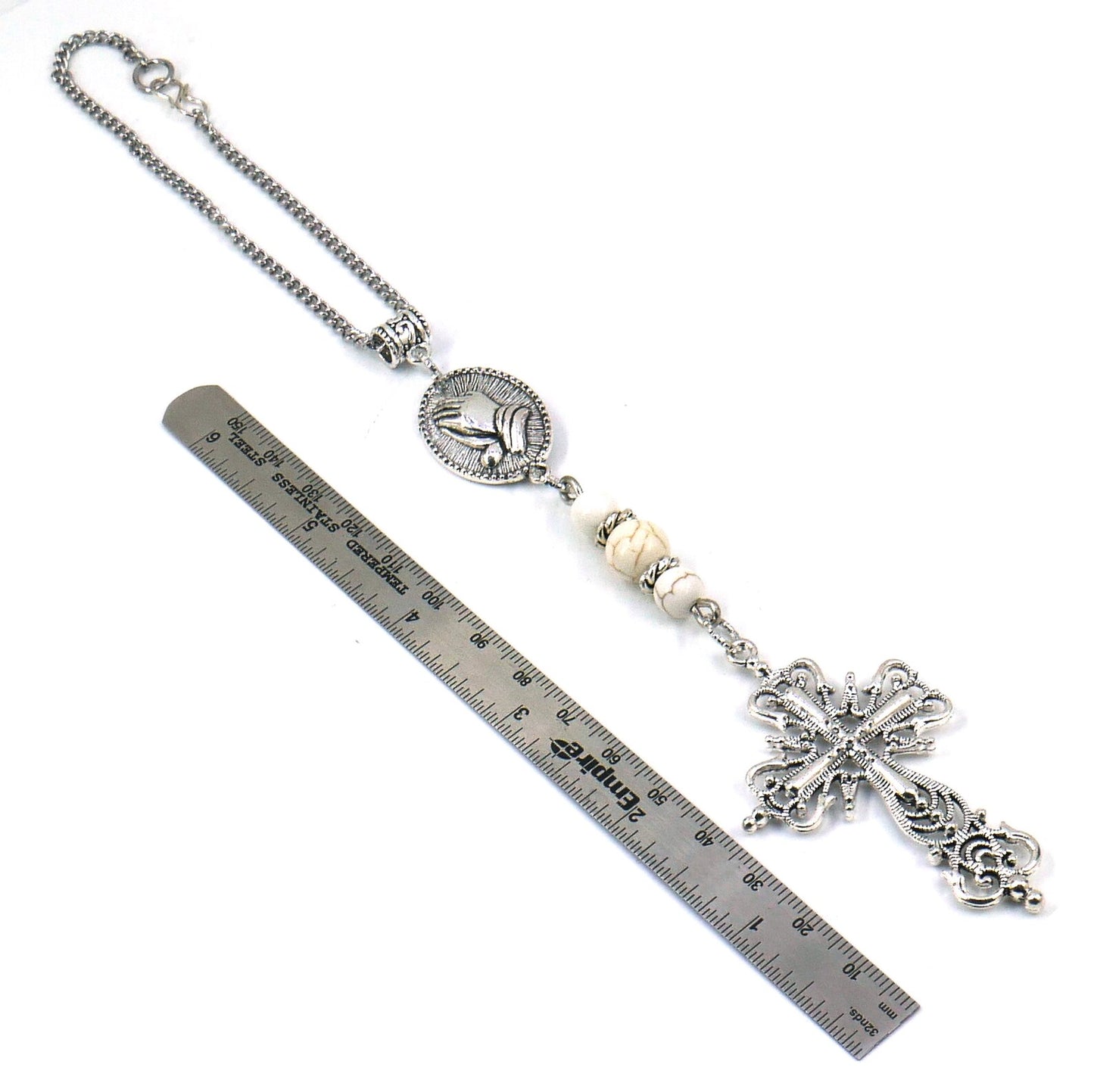 Holy Cross Pendant | Natural Howlite Healing Stone Beads Cross | Silver Plated | Car Rearview Mirror Ornament | Blessings & Peace | Faith