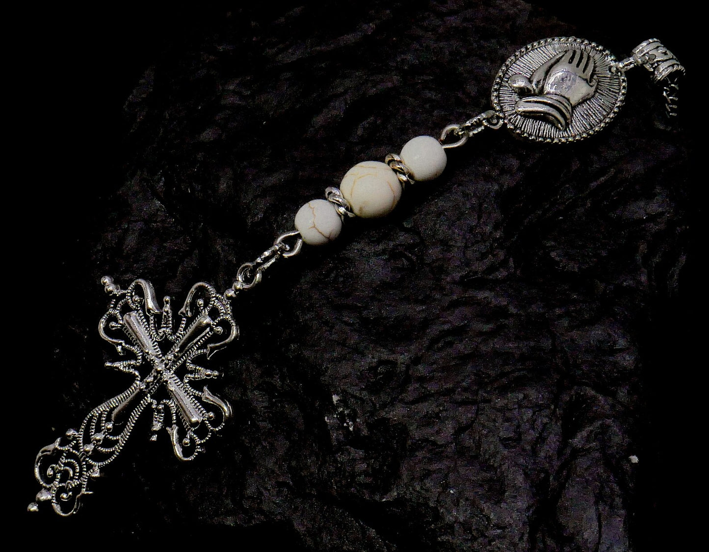 Holy Cross Pendant | Natural Howlite Healing Stone Beads Cross | Silver Plated | Car Rearview Mirror Ornament | Blessings & Peace | Faith