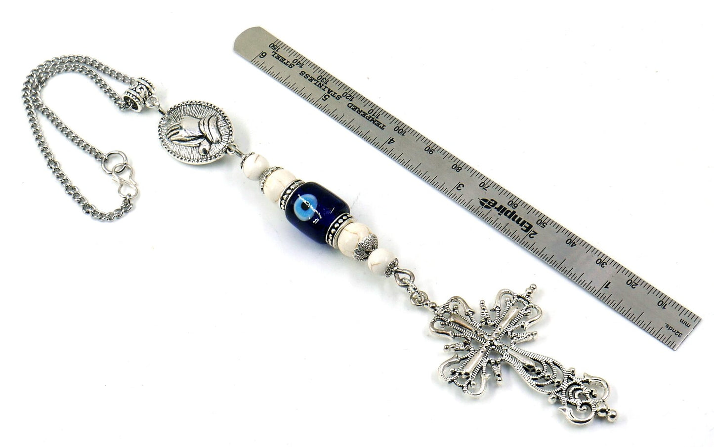 Holy Cross Pendant | Natural Howlite Healing Stone Beads Cross | Silver Plated | Car Rearview Mirror Ornament | Blessings & Peace | Faith