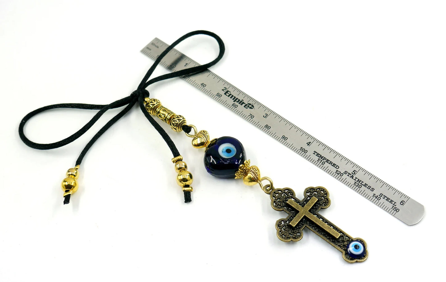 Holy Cross Pendant | Blue Glass Beads | Evil Eye Protection | Antique Gold Plated | Car Rearview Mirror Ornament | Blessings | Faith | Hope